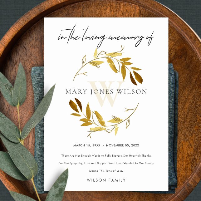 YELLOW GOLD OCHRE FOLIAGE WREATH SYMPATHY MEMORIAL THANK YOU CARD (Creator Uploaded)