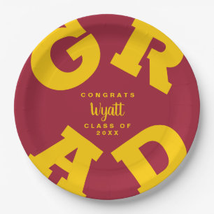 Yellow Gold on Crimson Personalized Graduation Paper Plate