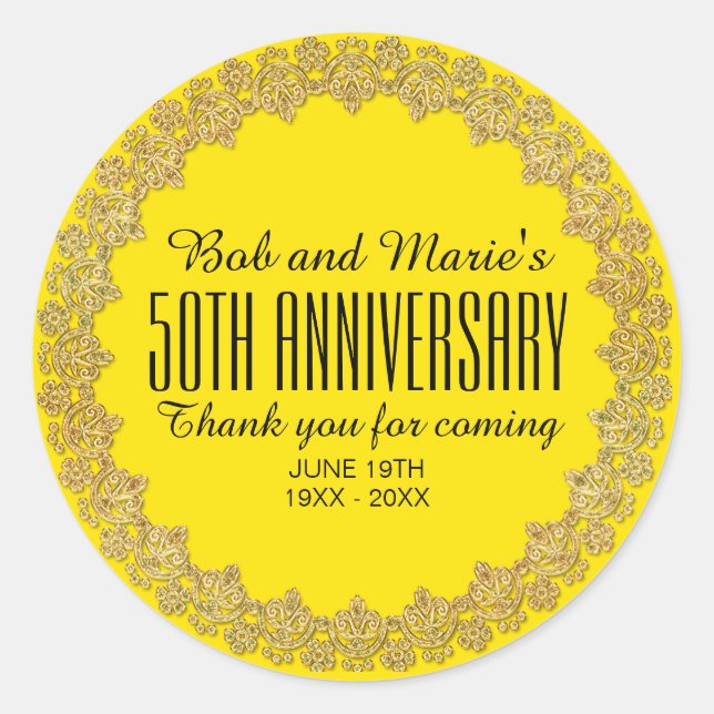 Yellow, Gold Personalised 50th Wedding Anniversary Classic Round Sticker (Front)