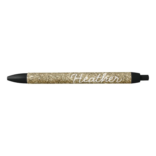Yellow Gold Personalised Name  Glitter  Black Ink Pen (Front)