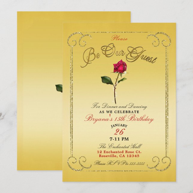 Yellow Gold Red Rose Beauty Birthday Party Invitation (Front/Back)