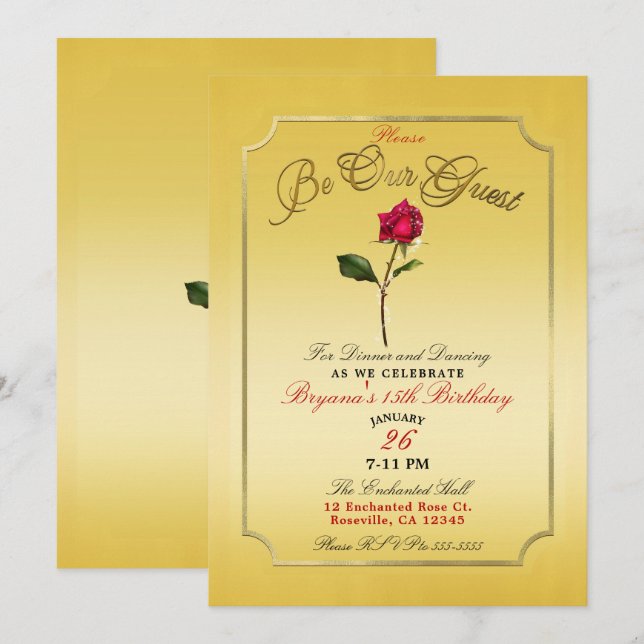 Yellow Gold Red Rose Beauty Birthday Party Invitation (Front/Back)