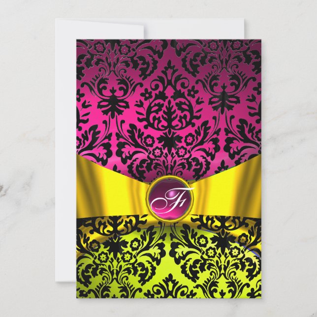 YELLOW GOLD RIBBON FUCHSIA BLACK DAMASK MONOGRAM INVITATION (Front)