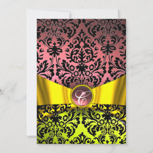 YELLOW GOLD RIBBON PINK BLACK DAMASK MONOGRAM INVITATION