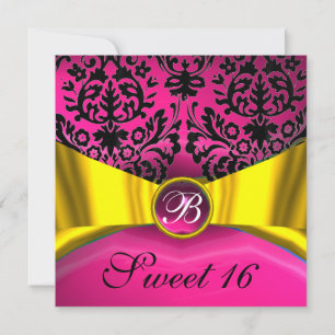 YELLOW GOLD RIBBON PINK BLACK DAMASK MONOGRAM INVITATION