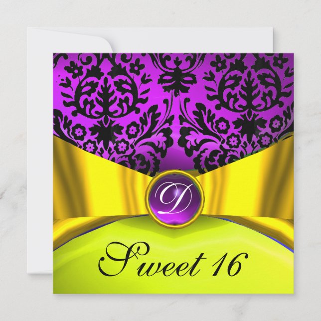YELLOW GOLD RIBBON PURPLE BLACK DAMASK MONOGRAM INVITATION (Front)