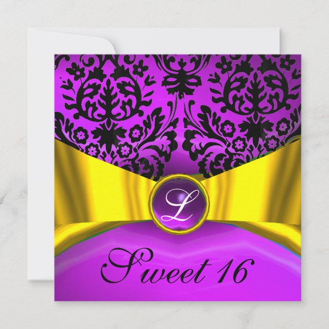 YELLOW GOLD RIBBON PURPLE BLACK DAMASK MONOGRAM INVITATION (Front)
