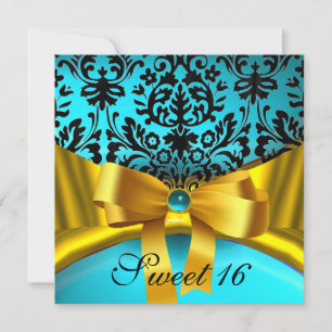 YELLOW GOLD RIBBON TEAL AQUA BLUE BLACK DAMASK INVITATION