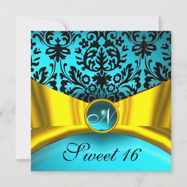 YELLOW GOLD RIBBON TEAL BLUE BLACK DAMASK MONOGRAM INVITATION (Front)
