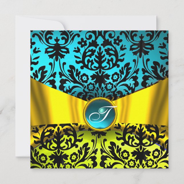 YELLOW GOLD RIBBON TEAL BLUE BLACK DAMASK MONOGRAM INVITATION (Front)