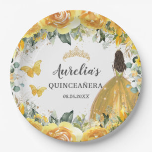 Yellow Gold Rose Floral Butterflies Princess  Paper Plate
