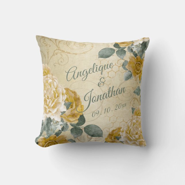 Yellow Gold Roses Floral Monogrammed Names Wedding Cushion (Front)