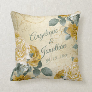 Yellow Gold Roses Floral Monogrammed Names Wedding Cushion