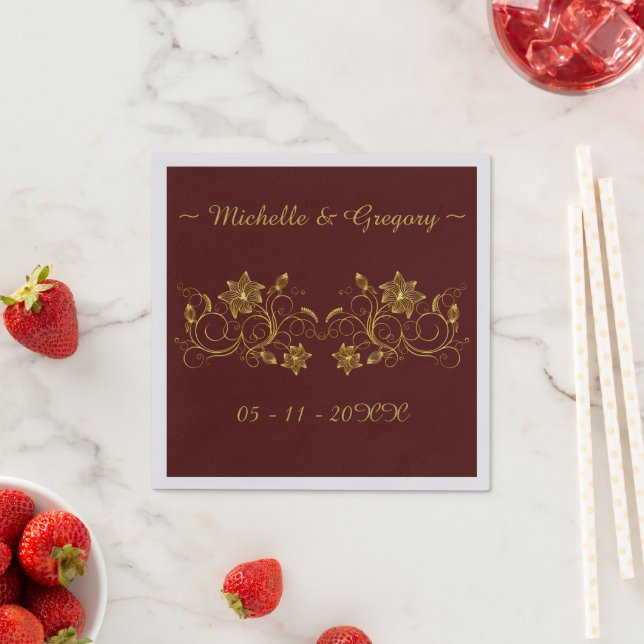 Yellow Gold script on Burgundy background Napkins (Insitu)