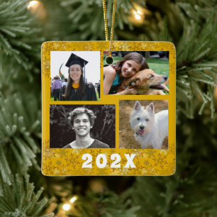 Yellow Gold Snowflakes Family Photo Collage Ceramic Ornament