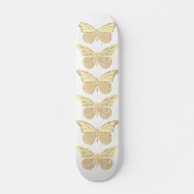 Yellow Gold Sparkle Butterflies Skateboard (Front)