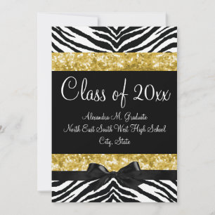 Yellow Gold Sparkle Zebra Bow Graduation Invite