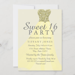 Yellow Gold Sparkling Glitter Gown Sweet 16 Invite