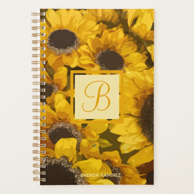 Yellow Gold Sunflower Watercolor Floral Monogram Planner (Front)