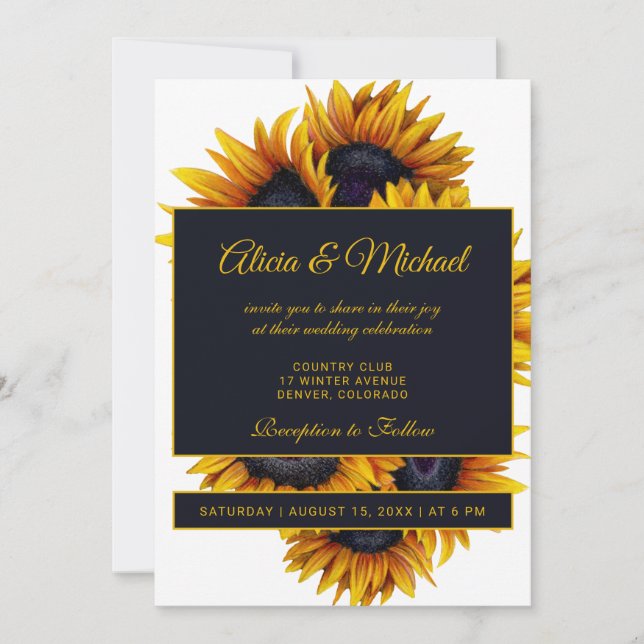 Yellow Gold Sunflowers | Modern Summer Wedding Invitation (Front)