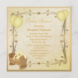 Yellow & Gold Vintage Baby Shower Crib & Bunny Invitation