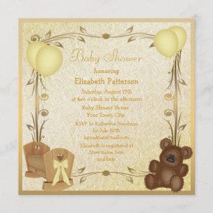 Yellow & Gold Vintage Baby Shower Crib & Teddy Invitation