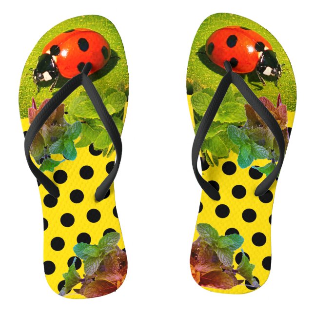 Yellow Gold w/ LadyBug Fun  Adult Flip Flops (Footbed)