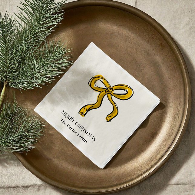 Yellow Gold Watercolor Christmas Bow Sketch Napkin (Yellow Gold Watercolor Christmas Bow Sketch Illustration Holiday Party Paper Napkins)