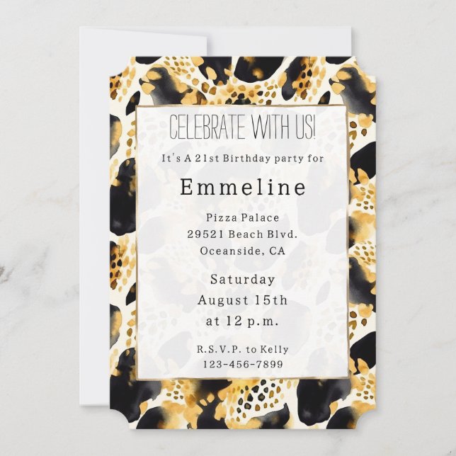 Yellow Gold White Black Leopard Abstract Invitation (Front)