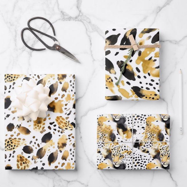 Yellow Gold White Black Leopard  Wrapping Paper Sheet (Front)
