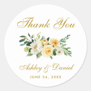 Yellow Gold White Floral Wedding Thank You Classic Round Sticker