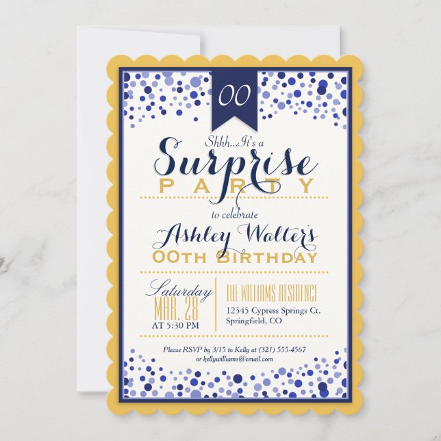 Yellow Gold, White, Navy Blue Surprise Party Invitation (Front)