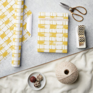 Yellow Gold White Plaid Stripes Birthday Wrapping Paper