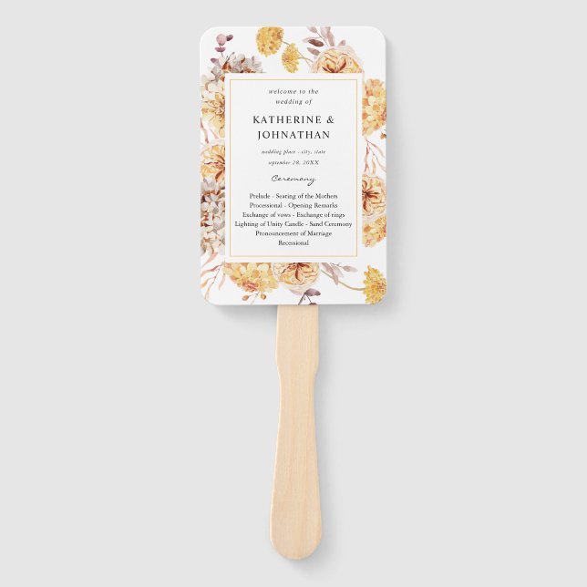Yellow Golden Floral Wedding Program Hand Fan (Front)