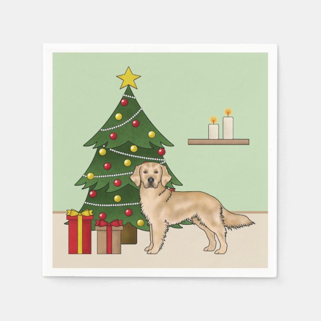 Yellow Golden Retriever And Festive Christmas Tree Napkin (Front)