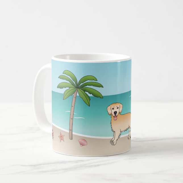 Yellow Golden Retriever At A Tropical Summer Beach Coffee Mug (Front Left)