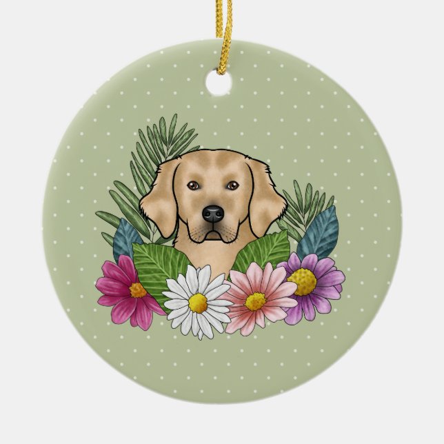 Yellow Golden Retriever Colourful Flowers And Name Ceramic Tree Decoration (Front)