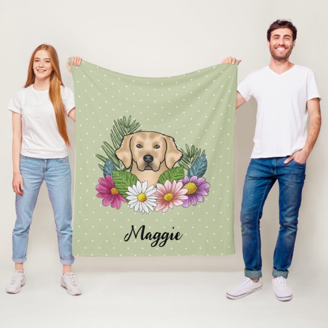 Yellow Golden Retriever Colourful Flowers And Name Fleece Blanket (In Situ)