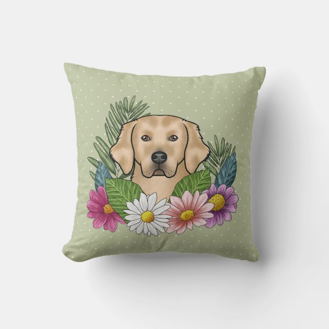 Yellow Golden Retriever Colourful Flowers Green Cushion (Front)