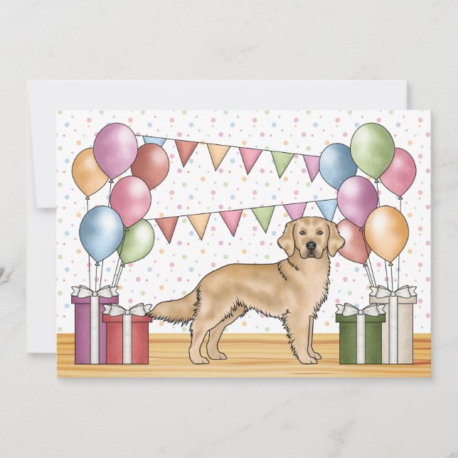 Yellow Golden Retriever Colourful Pastel Birthday Invitation (Front)