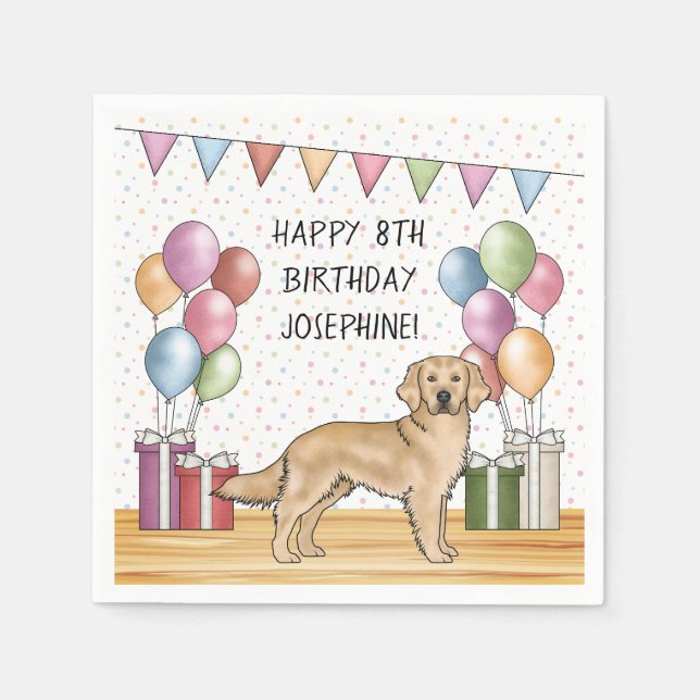 Yellow Golden Retriever Colourful Pastel Birthday Napkin (Front)