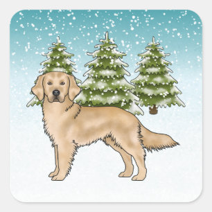 Yellow Golden Retriever Dog Blue Snowy Christmas Square Sticker