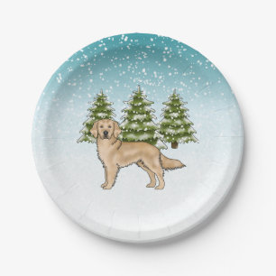 Yellow Golden Retriever Dog Blue Winter Christmas Paper Plate
