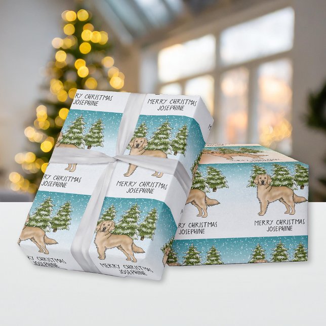 Yellow Golden Retriever Dog Christmas Custom Text Wrapping Paper (Creator Uploaded)