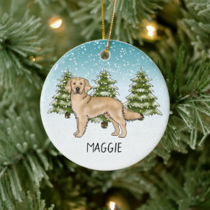 Yellow Golden Retriever Dog Custom Name Christmas Ceramic Tree Decoration