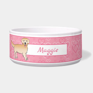 Yellow Golden Retriever Dog On Pink Hearts & Name