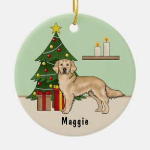 Yellow Golden Retriever Dog With Christmas Tree Ceramic Tree Decoration