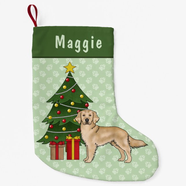 Yellow Golden Retriever Dog With Christmas Tree Small Christmas Stocking (Front)