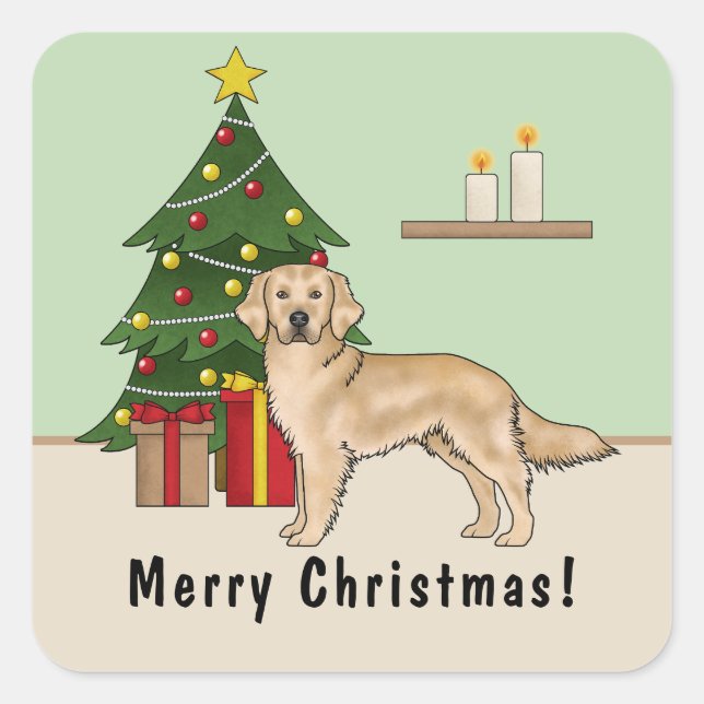 Yellow Golden Retriever Dog With Christmas Tree Square Sticker (Front)