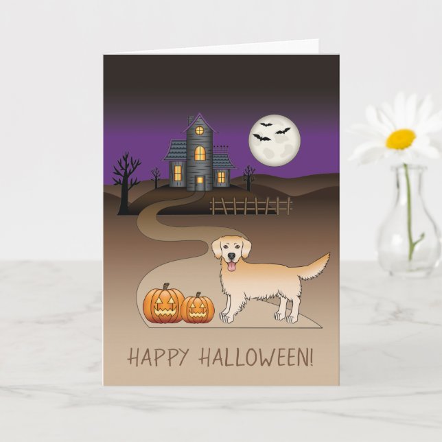 Yellow Golden Retriever & Halloween Haunted House Card (Small Plant)